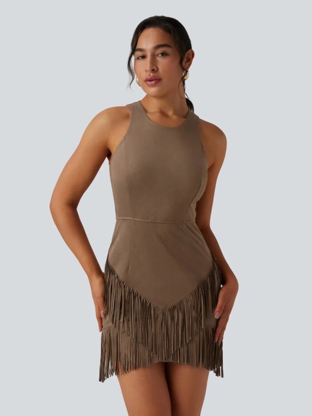 Halara XS CocoMocha Round Neck Sleeveless Fringe Bodycon Suede Mini Dress 50%off